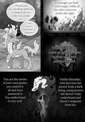 Size: 790x1131 | Tagged: safe, artist:vavacung, derpibooru import, fhtng th§ ¿nsp§kbl, king sombra, oleander, tianhuo, classical unicorn, demon, dragon, hybrid, longma, pony, unicorn, comic:crossover story, comic:crossover story 3, them's fightin' herds, blushing, book, cloven hooves, community related, crossover, crystal, female, leonine tail, male, stallion, tail, unshorn fetlocks