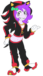 Size: 1476x2616 | Tagged: safe, artist:doodlegamertj, derpibooru import, oc, oc only, oc:mable syrup, bow, deaf, gray eyes, hair bow, outfit, purple hair, shadow the hedgehog, simple background, solo, sonic the hedgehog (series), transparent background