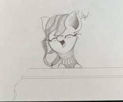 Size: 1998x1658 | Tagged: safe, artist:engi, derpibooru import, coloratura, earth pony, pony, the mane attraction, clothes, eyes closed, female, musical instrument, open mouth, pencil drawing, piano, simple background, solo, traditional art