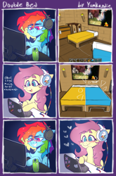 Size: 4505x6818 | Tagged: safe, artist:yumkandie, derpibooru import, fluttershy, rainbow dash, pegasus, pony, absurd resolution, bed, blushing, cheek fluff, chest fluff, comic, computer, duo, duo female, eye clipping through hair, eyebrows, eyebrows visible through hair, fangs, female, floating heart, flutterdash, grin, headphones, heart, hoof on chin, laptop computer, lesbian, mare, minecraft, open mouth, open smile, piercing, pride, pride flag, shipping, signature, smiling
