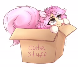 Size: 2048x1775 | Tagged: safe, artist:kreteen art, derpibooru import, oc, oc only, pony, :p, box, cute, gift art, pet, pony in a box, simple background, solo, tongue, tongue out, white background