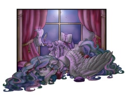 Size: 512x384 | Tagged: safe, artist:binibean, derpibooru import, princess celestia, spike, twilight sparkle, unicorn twilight, alicorn, dragon, pony, unicorn, book, curtains, female, glowing, glowing horn, horn, magic, male, mare, momlestia, night, scroll, simple background, telekinesis, white background, window