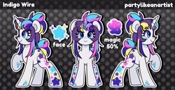 Size: 4000x2066 | Tagged: safe, artist:partylikeanartist, derpibooru import, oc, oc only, oc:indigo wire, pony, unicorn, eye clipping through hair, eyebrows, eyebrows visible through hair, facial markings, ponytail, reference sheet, solo