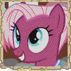 Size: 822x822 | Tagged: safe, artist:twedis, derpibooru import, jasmine leaf, earth pony, pony, 2b2t, beautiful, blue eyes, bust, eyelashes, eyeshadow, female, game screencap, looking at someone, makeup, mare, minecraft, minecraft pixel art, movie accurate, pixel art, portrait, smiling, solo, teeth