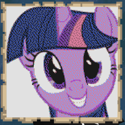 Size: 447x446 | Tagged: safe, artist:twedis, derpibooru import, twilight sparkle, pony, unicorn, 2b2t, beautiful, bust, eyelashes, female, game screencap, looking at you, mare, minecraft, minecraft pixel art, movie accurate, open mouth, pixel art, portrait, simple background, smiling, solo, teeth