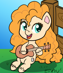 Size: 867x1000 | Tagged: safe, artist:empyu, derpibooru import, pear butter, earth pony, pony, g4, my little pony: pony life, 30 minute art challenge, female, g4 to g4.5, generation leap, guitar, looking at you, mare, musical instrument, open mouth