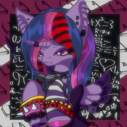 Size: 3000x3000 | Tagged: safe, artist:umbrapone, derpibooru import, twilight sparkle, twilight sparkle (alicorn), alicorn, bat ears, belts, book, bookhorse, clothes, collar, colored wings, ear piercing, emo, heart, hoof hold, hooves, horn, horn ring, implied fluttershy, implied rainbow dash, implied rarity, implied starlight glimmer, implied trixie, jewelry, leg warmers, lip piercing, math, piercing, rawr, rawrified, reading, ring, shirt, spiked collar, spiked wristband, striped mane, t-shirt, two toned wings, wings, wristband