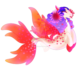 Size: 1920x1663 | Tagged: safe, artist:cupidauctions, derpibooru import, oc, oc only, seapony (g4), colored pupils, deviantart watermark, dorsal fin, female, fin wings, fins, fish tail, flower, flower in hair, flowing tail, looking at you, mare, mermay, obtrusive watermark, open mouth, pink eyes, purple mane, red wings, simple background, solo, tail, transparent background, watermark, wings