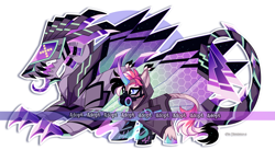 Size: 2895x1581 | Tagged: safe, artist:gkolae, derpibooru import, oc, oc only, pony, unicorn, abstract background, duo, gas mask, horn, leonine tail, mask, tail, unicorn oc