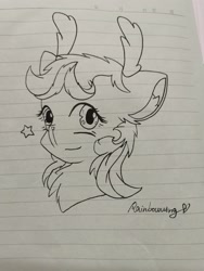Size: 2736x3648 | Tagged: safe, artist:rainbowwing, derpibooru import, oc, oc only, oc:bamboo rain, deer, deer pony, original species, pony, bust, chest fluff, cute, deer oc, ear fluff, ears, ears back, floppy ears, horns, lineart, lined paper, looking at you, monochrome, photo, simple background, smiling, smiling at you, solo, stars, traditional art