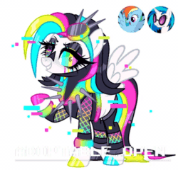 Size: 478x458 | Tagged: safe, artist:sush-adopts, derpibooru import, dj pon-3, rainbow dash, vinyl scratch, oc, pegasus, pony, adoptable, adoptable open, animated, black mane, blue mane, choker, clothes, collar, corrupted, error, eyelashes, fishnet stockings, fusion, gif, glitch, glowing, goggles, multicolored eyes, multicolored hair, multicolored mane, neon, pink mane, rainbow hair, shirt, solo, spiked choker, static, stockings, technology, thigh highs, wings, yellow mane