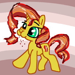 Size: 781x781 | Tagged: safe, artist:ja0822ck, derpibooru import, sunset shimmer, food pony, original species, pony, unicorn, autocannibalism, bacon hair, food, ponified