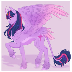 Size: 1600x1600 | Tagged: safe, artist:marshmallotheredfox, derpibooru import, twilight sparkle, twilight sparkle (alicorn), alicorn, pony, curved horn, horn, solo, tail, tail feathers