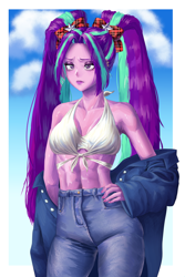 Size: 2000x3000 | Tagged: safe, artist:zzugguri, derpibooru import, aria blaze, equestria girls, abs, clothes, female, jeans, pants, ribbon, sky