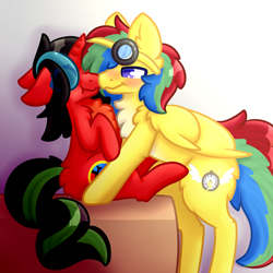 Size: 2000x2000 | Tagged: safe, artist:michini, derpibooru import, oc, oc only, pegasus, unicorn, blushing, box, chest fluff, couple, cute, duo, female, goggles, leaning, lidded eyes, male, mare, multicolored hair, nuzzling, oc x oc, shipping, stallion