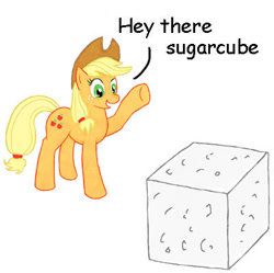 Size: 400x399 | Tagged: safe, artist:ashby10, derpibooru import, applejack, earth pony, pony, artifact, greeting, pun, raised hoof, raised leg, simple background, solo, sugarcube, white background