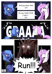 Size: 2480x3508 | Tagged: safe, artist:buvanybu, derpibooru import, princess celestia, princess luna, alicorn, pony, timber wolf, series:elements of contention, comic, forest