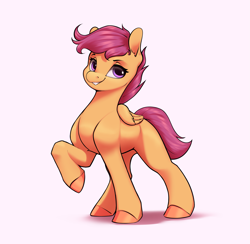 Size: 2859x2786 | Tagged: safe, artist:aquaticvibes, derpibooru import, scootaloo, pegasus, pony, female, filly, foal, folded wings, full body, grin, high res, hooves, pink background, raised hoof, raised leg, shadow, simple background, smiling, solo, standing, white background, wings