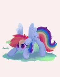 Size: 704x896 | Tagged: safe, artist:flixanoa, derpibooru import, rainbow dash, pegasus, pony, crouching, determined, female, grass, mare, simple background, solo, spread wings, wings