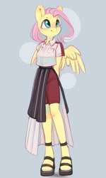 Size: 639x1063 | Tagged: safe, artist:melodylibris, derpibooru import, fluttershy, anthro, pegasus, unguligrade anthro, arm behind back, blushing, clothes, cute, female, looking up, mare, sandals, shirt, short sleeves, shorts, shyabetes, smiling, solo, spread wings, wings