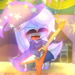 Size: 1280x1280 | Tagged: safe, artist:1ivanz, derpibooru import, trixie, equestria girls, boots, cape, chibi, clothes, cute, diatrixes, electric guitar, female, flying v, guitar, hairpin, hat, musical instrument, open mouth, shoes, solo, trixie's cape, trixie's hat