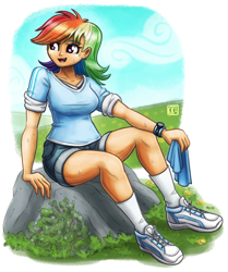 Size: 1504x1800 | Tagged: safe, artist:king-kakapo, derpibooru import, rainbow dash, human, clothes, female, humanized, rock, shirt, shoes, shorts, sitting, sneakers, solo, sweat, towel