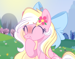 Size: 3788x3000 | Tagged: safe, artist:emberslament, derpibooru import, oc, oc only, oc:bay breeze, pegasus, pony, blushing, bow, cute, eyes closed, female, flower, flower in hair, hair bow, mare, ocbetes, pegasus oc, smiling, solo