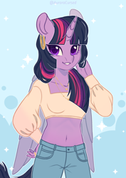 Size: 2480x3508 | Tagged: safe, artist:auroracursed, derpibooru import, twilight sparkle, twilight sparkle (alicorn), alicorn, anthro, belly button, clothes, cute, dress, ear piercing, earring, female, hooped earrings, jeans, jewelry, looking at you, mare, midriff, necklace, pants, piercing, simple background, smiling, smiling at you, solo