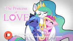 Size: 1000x556 | Tagged: safe, artist:lummh, artist:tomi_ouo, derpibooru import, princess cadance, princess celestia, princess luna, alicorn, pony, comic:the princess of love, alicorn triarchy, eyes closed, female, hug, jewelry, mare, patreon, regalia, smiling, winghug, wings