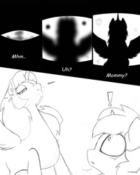 Size: 960x1200 | Tagged: safe, artist:miniferu, derpibooru import, oc, oc:handy hoofs, oc:spring beauty, alicorn, unicorn, comic:rough night, comic:rough night 2, foal, sketch