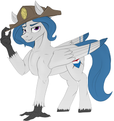 Size: 1904x2015 | Tagged: safe, artist:queen-razlad, oc, oc only, oc:delta dart, hippogriff, ponybooru collab 2022, badge, cowboy hat, hat, hat tip, hippogriff oc, looking at you, simple background, solo, talons, transparent background, unshorn fetlocks