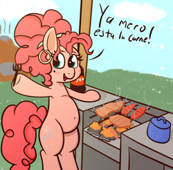 Size: 2083x2048 | Tagged: safe, artist:xppp1n, pinkie pie, earth pony, alternate cutie mark, belly, belly button, bipedal, chubby, ear piercing, earring, eating, female, fork, grill, hoof hold, jewelry, latina pinkie pie, magnetic hooves, mare, meat, open mouth, piercing, ponies eating meat, solo, spanish