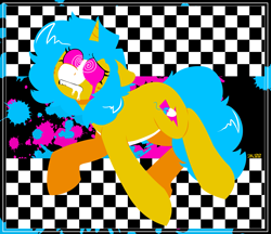 Size: 2227x1920 | Tagged: safe, artist:2k.bugbytes, oc, oc only, oc:flash reboot, pony, unicorn, abstract background, art challenge, color palette challenge, drool, eye strain, eyestrain warning, female, limited palette, lineless, mare, solo, swirly eyes