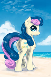 Size: 1200x1800 | Tagged: safe, artist:kp-shadowsquirrel, derpibooru import, bon bon, sweetie drops, earth pony, pony, beach, bon butt, butt, cloud, dock, female, looking at you, mare, plot, sand, sky, smiling, solo, tail, water