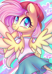 Size: 2480x3508 | Tagged: safe, artist:musicfirewind, derpibooru import, fluttershy, pegasus, pony, 90s grunge fluttershy, baseball cap, cap, clothes, cute, female, gameloft, gameloft interpretation, hat, looking at you, shyabetes, skirt, solo