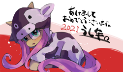 Size: 3051x1782 | Tagged: safe, artist:lexiedraw, derpibooru import, fluttershy, pony, blushing, chinese zodiac, clothes, costume, cow costume, cute, female, fluttercow, japanese, looking at you, mare, open mouth, ox, shyabetes, sitting, solo, speedpaint available, translated in the description, year of the ox