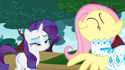 Size: 1920x1073 | Tagged: safe, derpibooru import, screencap, fluttershy, rarity, pegasus, pony, unicorn, green isn't your color, eyes closed, smiling