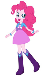 Size: 729x1096 | Tagged: safe, artist:conorlordofcreation, derpibooru import, pinkie pie, equestria girls, boots, bow, bowtie, clothes, cutie mark on clothes, female, high heel boots, jewelry, looking at you, open mouth, open smile, ring, shirt, shoes, simple background, skirt, smiling, smiling at you, solo, transparent background, white background