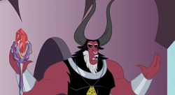 Size: 736x400 | Tagged: safe, derpibooru import, edit, edited screencap, screencap, lord tirek, centaur, taur, twilight's kingdom, alternate universe, bloodstone scepter, horns, medallion, nose piercing, nose ring, piercing, solo