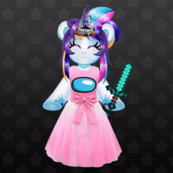 Size: 450x450 | Tagged: safe, artist:partylikeanartist, derpibooru import, oc, oc:indigo wire, pony, unicorn, among us, animated, bipedal, birthday, clothes, cringe comedy, diamond sword, dress, dressup, eye clipping through hair, eyebrows, eyebrows visible through hair, fortnite, gif, happy, hat, minecraft, open mouth, party hat, solo, sword, vtuber, weapon, wingding eyes