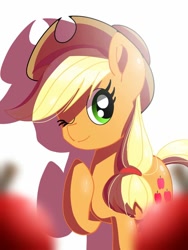 Size: 768x1024 | Tagged: safe, derpibooru import, applejack, earth pony, pony, apple, cute, female, food, jackabetes, one eye closed, solo