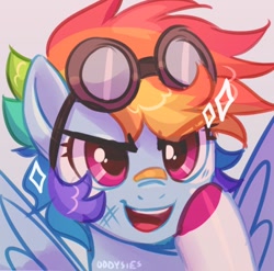 Size: 636x629 | Tagged: safe, artist:oddysies, derpibooru import, rainbow dash, pegasus, pony, bandaid, bust, female, goggles, looking at you, portrait, profile picture, solo