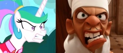 Size: 2001x864 | Tagged: safe, derpibooru import, edit, edited screencap, screencap, princess celestia, alicorn, pony, between dark and dawn, season 9, spoiler:s09, alternate hairstyle, angry, chef, chef skinner, clothes, coincidence i think not, comparison, eyebrows, gritted teeth, hairband, pixar, rage, ratatouille, teeth
