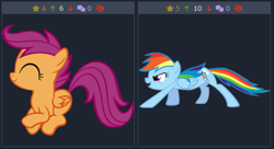 Size: 509x276 | Tagged: safe, derpibooru import, screencap, rainbow dash, scootaloo, pegasus, pony, derpibooru, female, filly, foal, mare, meta