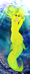 Size: 1659x4014 | Tagged: safe, artist:breioom, derpibooru import, oc, oc only, oc:lemon drop, original species, shark, shark pony, arm behind head, coral, crepuscular rays, eyebrows, female, high res, long tail, long tongue, looking at you, smiling, smiling at you, solo, species swap, swimming, tail, tongue, tongue out, underwater, water