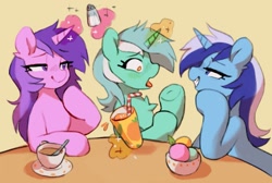 Size: 1581x1062 | Tagged: safe, artist:orchidpony, derpibooru import, amethyst star, lyra heartstrings, minuette, sparkler, pony, unicorn, cup, female, food, grin, ice cream, levitation, magic, mare, prank, salt shaker, saucer, smiling, smoothie, teacup, telekinesis