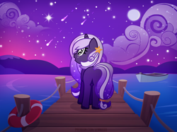 Size: 1200x896 | Tagged: safe, artist:jennieoo, derpibooru import, oc, oc only, oc:midnight twinkle, pony, unicorn, boat, butt, cloud, night, night sky, pier, plot, shooting star, show accurate, sky, solo, stars, water