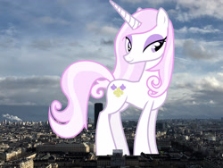 Size: 3744x2808 | Tagged: safe, artist:90sigma, artist:thegiantponyfan, derpibooru import, fleur-de-lis, pony, unicorn, female, france, giant pony, giant unicorn, giantess, high res, highrise ponies, irl, looking at you, macro, mare, mega giant, paris, photo, ponies in real life, smiling