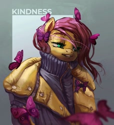 Size: 986x1080 | Tagged: safe, artist:x-raydistorted, derpibooru import, fluttershy, anthro, butterfly, pegasus, clothes, female, jacket, lidded eyes, mare, smiling, solo