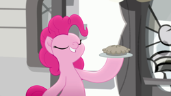 Size: 1920x1080 | Tagged: safe, derpibooru import, screencap, pinkie pie, rainbow roadtrip, cute, diapinkes, food, pie, solo